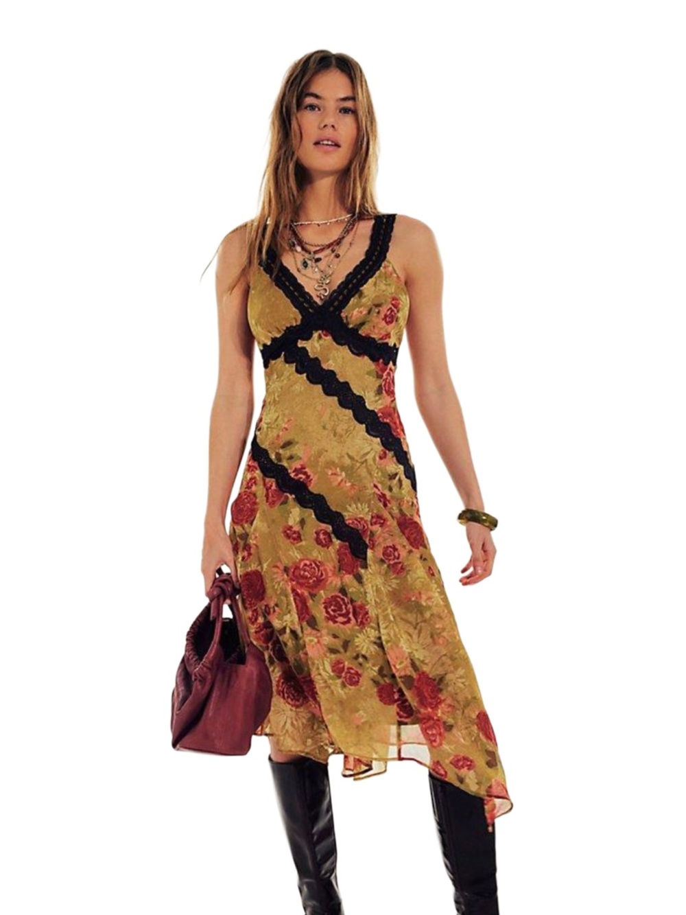Free People Floral Asymmetrical Slip Dress with Black Trim